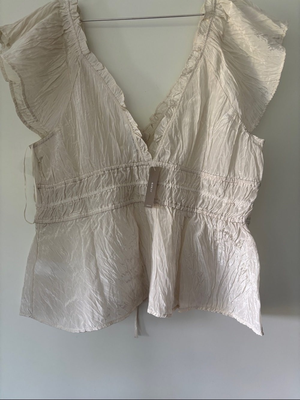 NWT J Crew Palermo Crinkled Ruffle V-Neck Tie-Waist Blouse in Cream - Picture 5 of 7